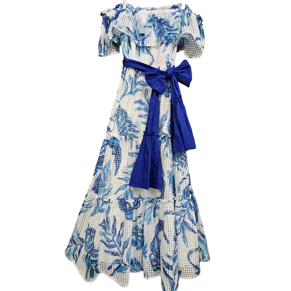 Nwt Lilly Pulitzer Sona White/Blue Floral Off Shoulder Tiered Mesh Midi Dress - Picture 17 of 17